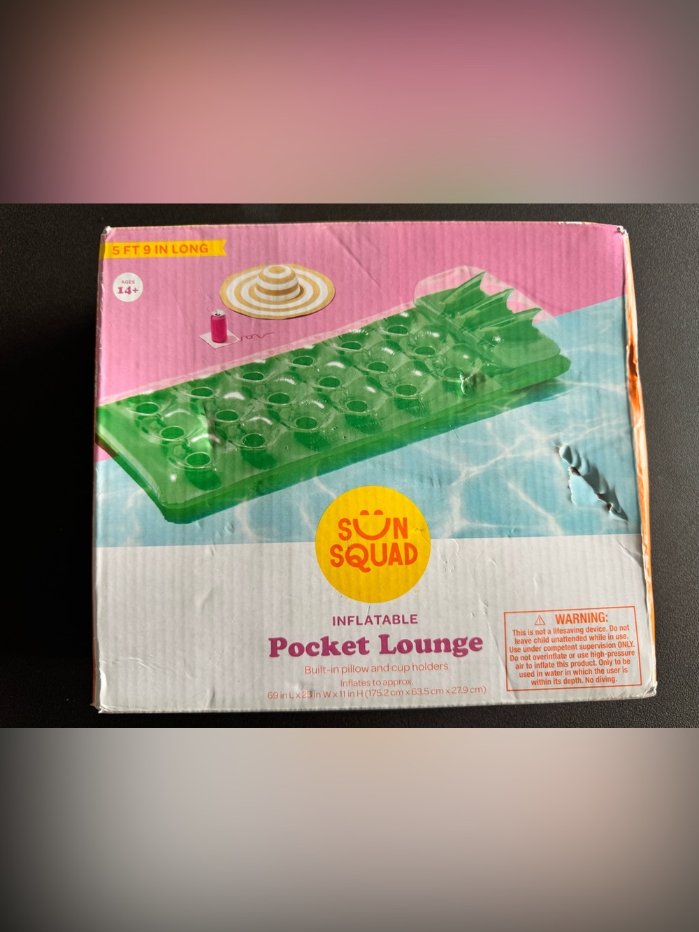 Sun Squad inflatable pocket lounge built-in pillow and Cup holder 5ft 9in long